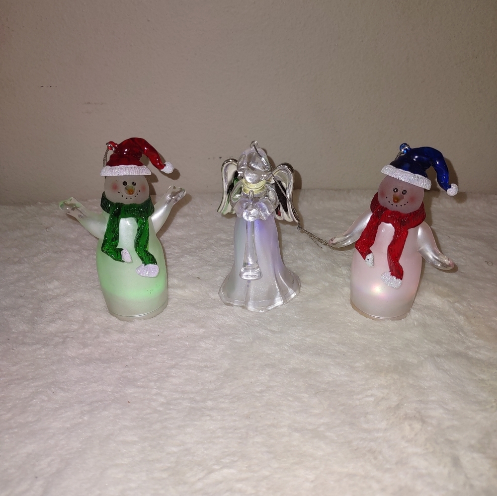 Ornaments 3 Frosted Acrylic Angel And Snowmen Lights Up Changing Colors